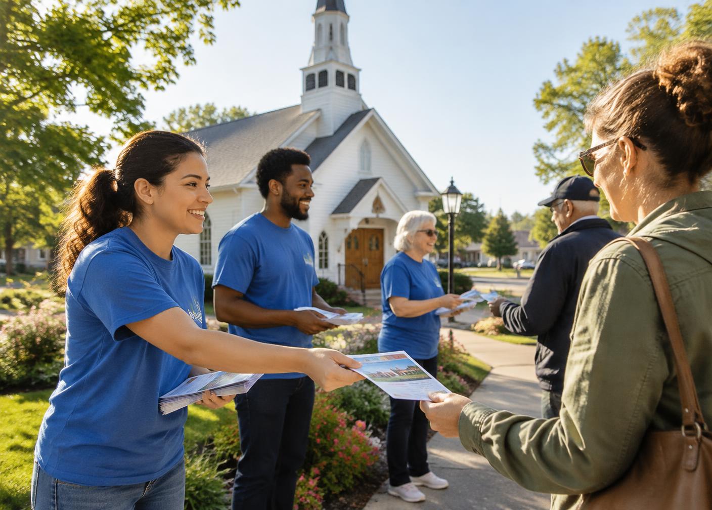 Volunteers sharing outreach flyers outside a church